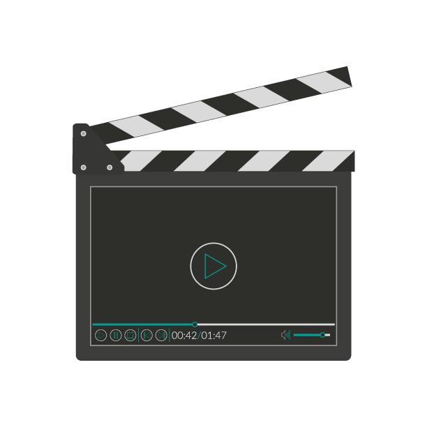 istock Clapper board with video player interface in flat style. Movie, cinema, film symbol concept. Director clapboard. Filmmaking device. Multimedia design icon. 1313687774