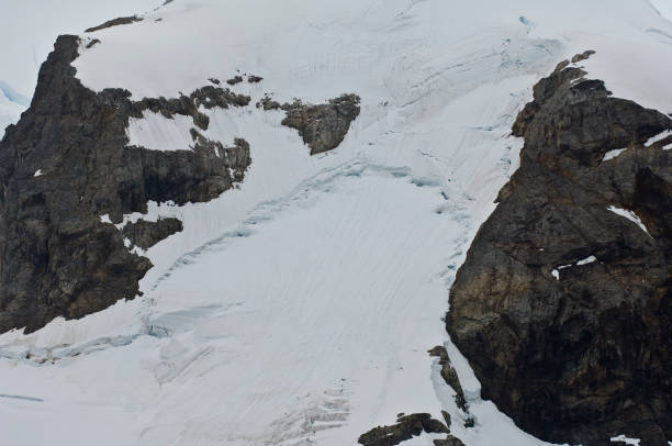 Glacial Bergschrund, Cierva Cove, Antarctic Peninsula; bergschrund is a crevasse that forms where the moving glacier ice separates from the stagnant ice above. In a corrie or cirque, the bergschrund is positioned at the rear, parallel to the back wall of the corrie. It is caused by the rotational movement of the glacier. It is caused by the downwards flow of the glacier. glacial bergschrund, cierva cove, península antártica; un bergschrund es una grieta que se forma donde el hielo glaciar en movimiento se separa del hielo estancado de arriba. en un corrie o cirque, el bergschrund se coloca en la parte trasera, paralelo a