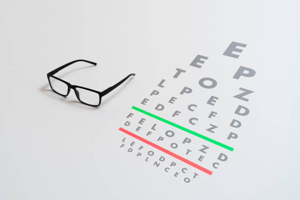 istock flat lay of the eyesight chart test, otical view check with glasses 1313689705