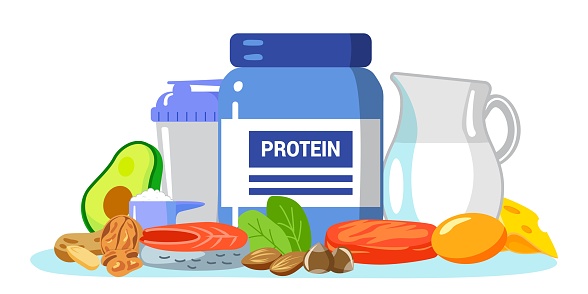 Protein vector illustration Amino acid food menu persons concept Protein containing products variety for healthy daily ration Fitness and diet with sports food supplements Drinking cocktails