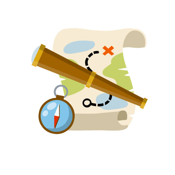 Treasure map. Pirate hidden treasure. Search for adventure and travel. Telescope and compass. Navigation and path. Flat cartoon icon Treasure map. Pirate hidden treasure. Search for adventure and travel. Telescope and compass. Navigation and path. Flat cartoon icon treasure map stock illustrations