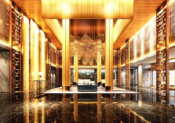 istock 3d render of luxury hotel lobby and reception 1313692731