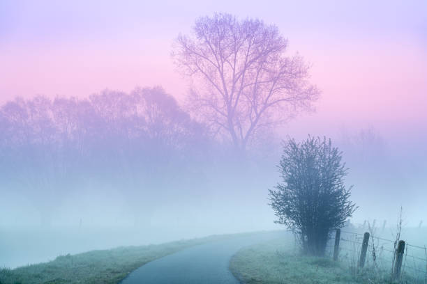Early on a frosty morning with fog rising along a river with several bends