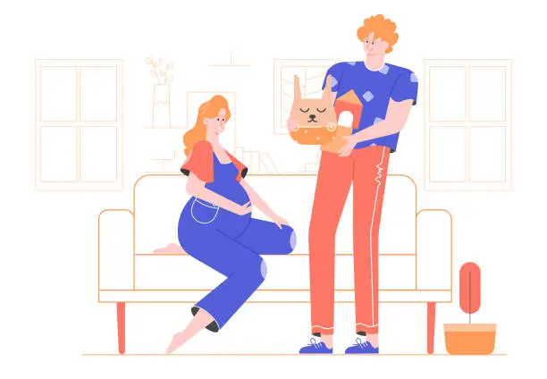 Vector illustration of Family in the living room. Pregnant mother-to-be sitting on the couch. Husband is carrying toys for the baby. Vector flat illustration.