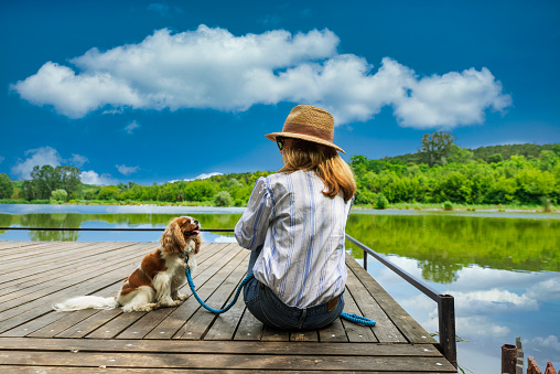 Rear view shot of woman sitting next to her cute cavalier spaniel puppy on the pier while relaxing at the lake.