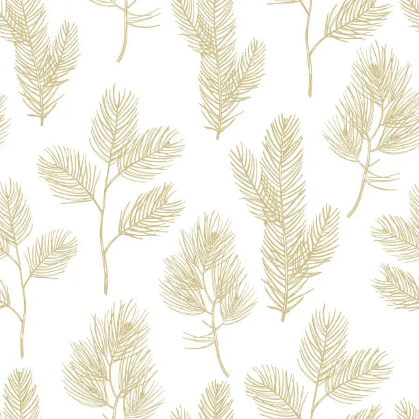 Vector illustration of Hand drawn golden fir branches seamless pattern background