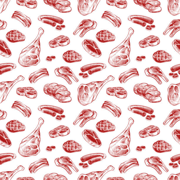 손으로 그린 고기, 스테이크, 쇠고기와 돼지 고기, 양고기 그릴 소시지 원활한 패턴 - 스테이크 일러스트 stock illustrations