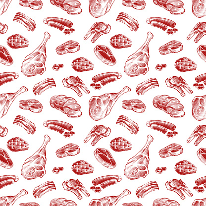 Hand drawn meat, steak, beef and pork, lamb grill meat and sausage seamless pattern. Vector illustration