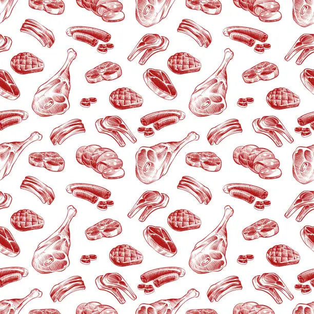 Vector illustration of Hand drawn meat, steak, beef and pork, lamb grill sausage seamless pattern