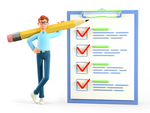3D illustration of smiling man holding a huge pencil on his shoulder standing nearby a giant marked checklist on a clipboard paper, customer survey form. Successful completion of business tasks.