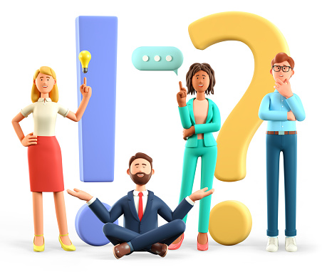 3D illustration of thinking people with huge exclamation and question marks in support center. Multicultural women and men asking questions and receiving answers. Frequently asked questions concept.