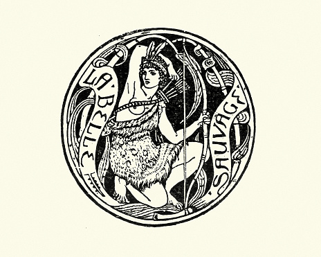 Vintage illustration of Diana the Huntress a goddess in Roman and Hellenistic religion, primarily considered a patroness of the countryside, hunters, crossroads, and the Moon.