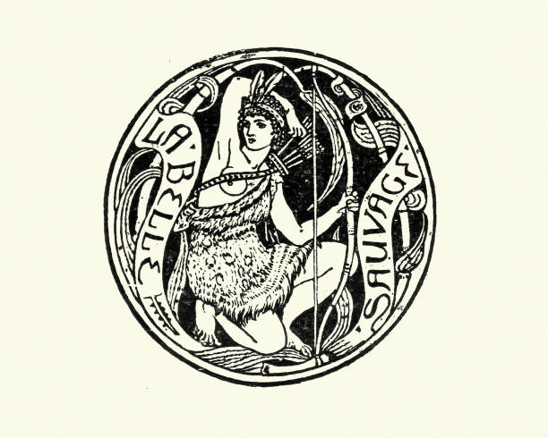 Diana the Huntress, Ancient Roman and Greek mythology Vintage illustration of Diana the Huntress a goddess in Roman and Hellenistic religion, primarily considered a patroness of the countryside, hunters, crossroads, and the Moon. Artemis stock illustrations