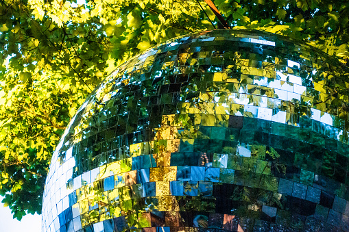 A mirrorball suspended from a tree branch in a forest for an outdoor party.