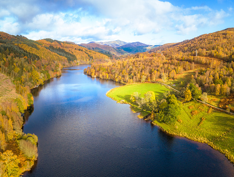 A view from the air of Loch Tummel, near Pitlochry in the Scottish Highlands.
