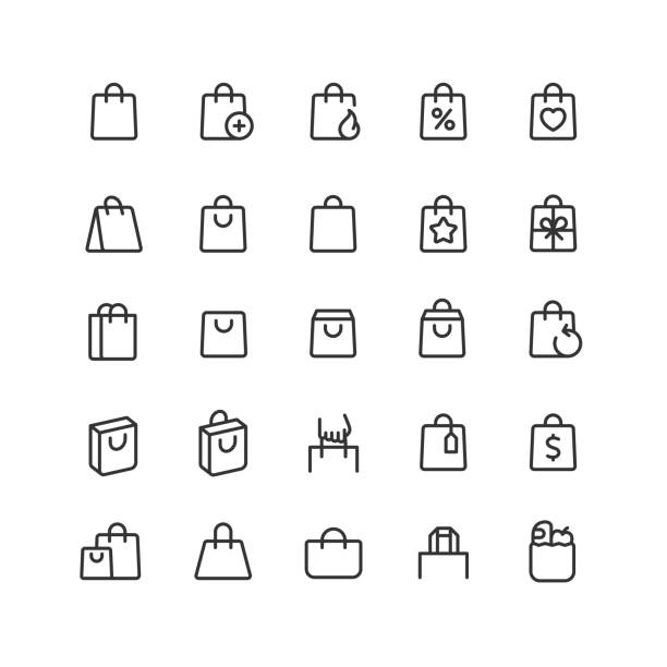 ilustraciones, imágenes clip art, dibujos animados e iconos de stock de iconos de la línea de la bolsa de compras trazo editable - compras