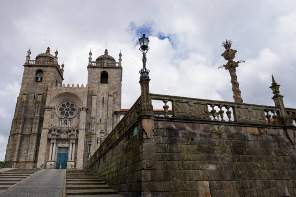 Front view of Sé do Porto Romanesque Cathedral stock photo