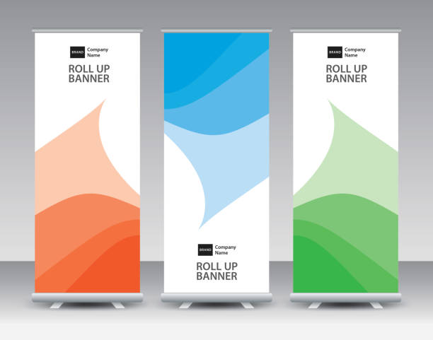 ilustrações de stock, clip art, desenhos animados e ícones de business roll up banner design, roll up banner template, sale banner stand or flag design layout, standee design, presentation, poster, flyer, ads, modern exhibition advertising vector illustration - backdrop blue contemporary pattern