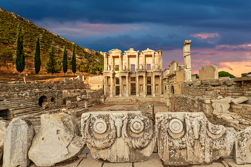 Celsus Library at the sunrise in the Roman ruins of Ephesus in Turkey