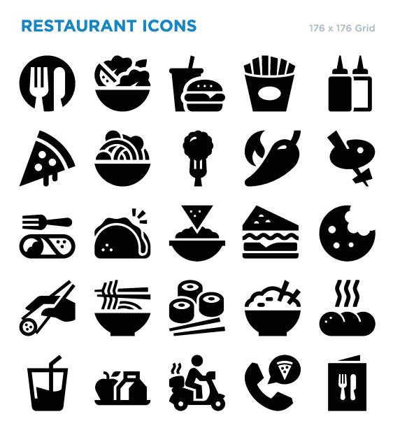 ilustraciones, imágenes clip art, dibujos animados e iconos de stock de conjunto de iconos vectoriales de restaurantes - alimento