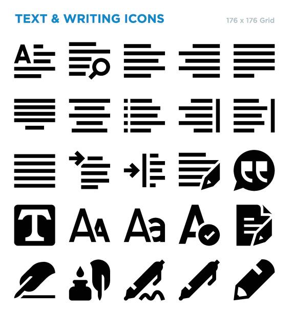 ilustraciones, imágenes clip art, dibujos animados e iconos de stock de conjunto de iconos vectoriales de texto y escritura - paragraphs