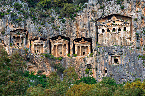 Lycian rock tombs carved out on the cliff at Dalyan, Turkey