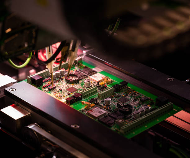 istock Electronic circuit board production. Manufacture of electronic chips 1313711045