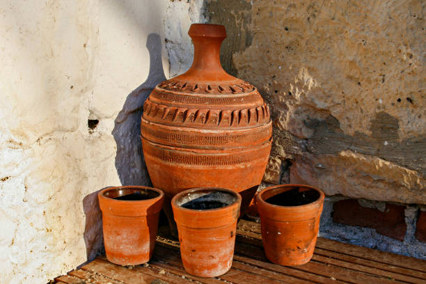 Terra Cotta Pots, Turkey Set of hand made terra cotta pots with a jug and cups, Turkey homemade pottery wheel stock pictures, royalty-free photos & images