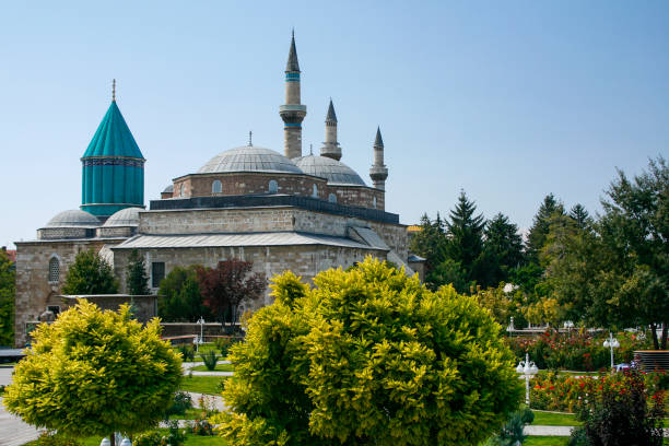 Cityscape of Konya, Turkey Skyline of Konya with the green dome of the Mausoleum of Mevlana Rumi and Selimiye Mosque, Konya, Turkey. konya stock pictures, royalty-free photos & images