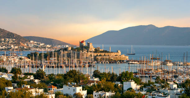 Resort town Bodrum in Turkey View over the Castle dedicated to the knights of Saint John in the resort town Bodrum on the Aegean Sea in Turkey aegean sea stock pictures, royalty-free photos & images