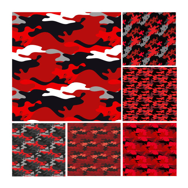 collection of red military camouflage style patterns with pixels and shapes. collection of red military camouflage style patterns with pixels and shapes. Ideal for paper, covers, textiles, sublimation or serigraphy red camouflage pattern stock illustrations