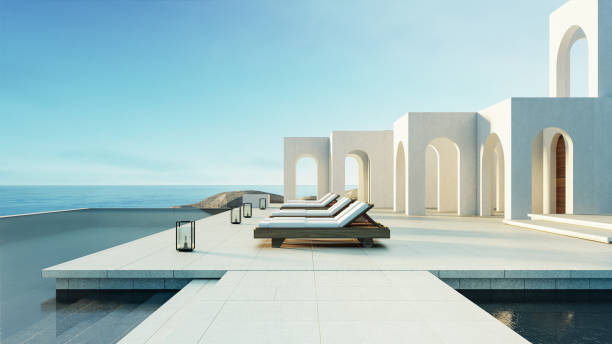 Luxury beach and Pool villa Santorini style - 3d rendering Luxury beach and Pool villa Santorini style - 3d rendering chaise longue stock pictures, royalty-free photos & images