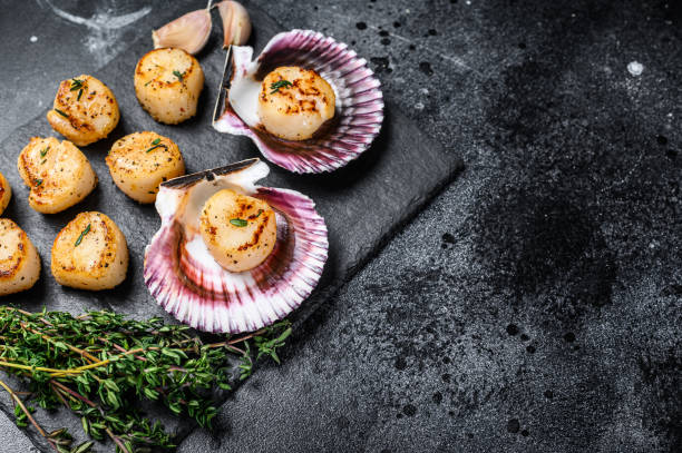 istock Fried seafood scallops meat with butter in a shells. Black background. Top view. Copy space 1313718112