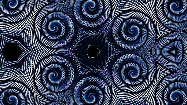 istock 3d render. Abstract background with symmetrical structures like kaleidoscope with lighting bulbs, multicolor neon lights. Geometric dark background with 3d objects 1313719457