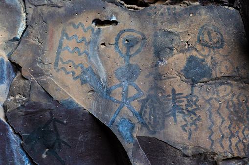 Petroglyphs in Symbol Bridge Cave at Lava Beds National Monument in California, USA.