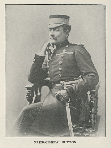 Portrait of Major-General Sir Edward Thomas Henry Hutton, 6th Commander of the Canadian Army (1848 - 1923). Vintage photo etching circa late 19th century.