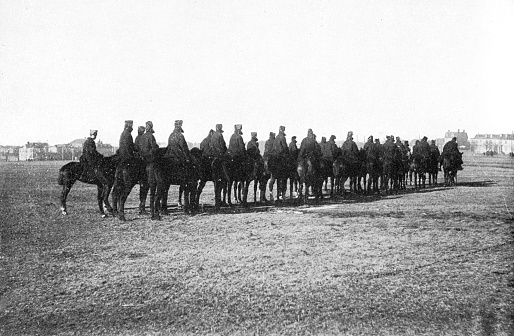 The group of Canadian Mounted Rifles from Halifax, Nova Scotia sent to the 2nd (Special Service) Battalion, Royal Canadian Regiment of Infantry for the Second Boer War in South Africa. Vintage etching circa 19th century.