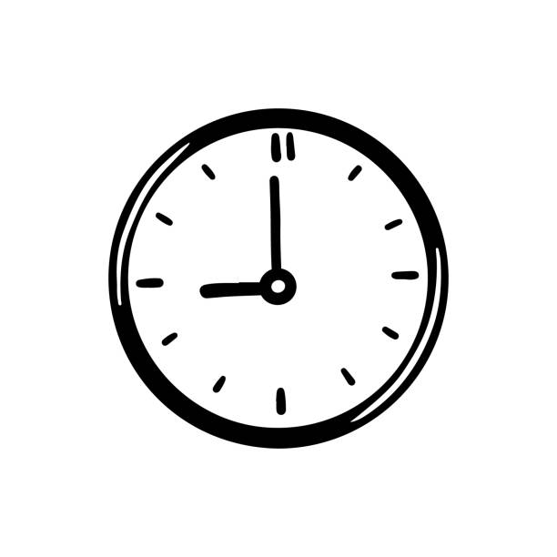 Hand drawn clock of balck color Hand drawn simple circle Clock icon of black color. Doodle sketch style. Concept of time, minute, deadline. Clock with arrow on white background balck stock illustrations