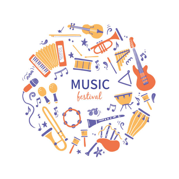 Hand drawn set of different types musical instrument Hand drawn set of different types musical instrument, guitar, saxophone. Doodle sketch style. Isolated vector illustration for music shop icon, musical instrument store, music course, background concert illustrations stock illustrations