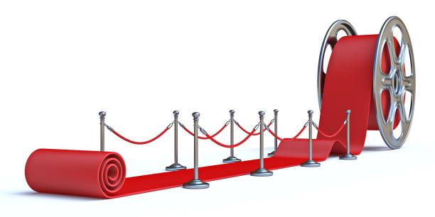 istock Cinema film roll and red carpet Front view 3D 1313728919