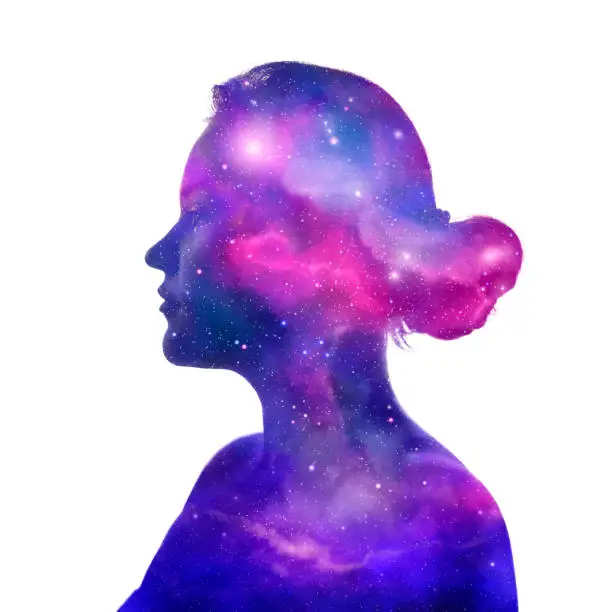 Double exposure of young woman portrait and cosmos, white background.