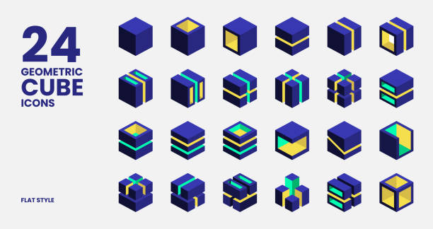 Geometric Cube Icons Collection In Flat Style Geometric Cube Icons Collection In Flat Style cube shape stock illustrations