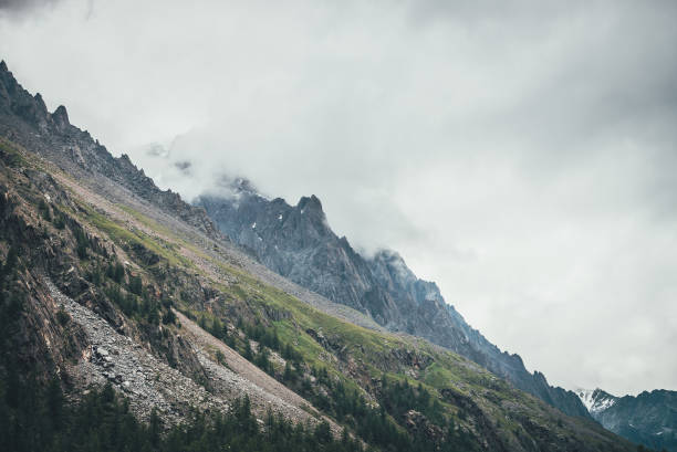 istock Atmospheric mountain landscape with pinnacle in low clouds. Awesome mountain scenery with rocky top in cloudy sky. Sharp rocks and mountainside with trees in gray sky. Snow on rocks in low clouds. 1313733596