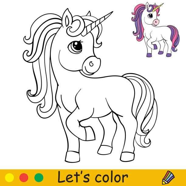 Cute magic cartoon unicorn coloring vector illustration Cute standing cartoon unicorn. Coloring book page with colorful template. Vector cartoon isolated illustration. For coloring book, education, print, game, party, baby shower, design, decor and apparel unicorn coloring pages stock illustrations