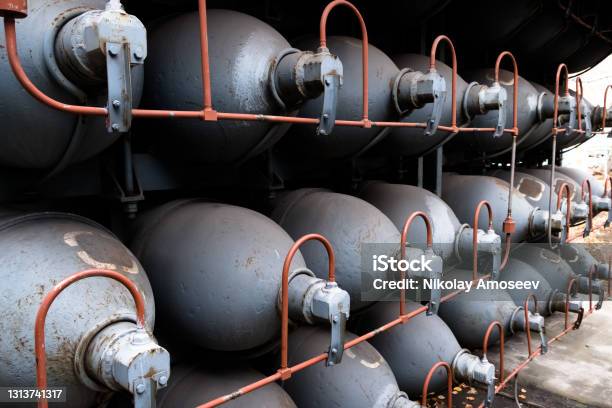 Helium High Capacity Gas Cilinders Tanks With Compressed Gas For Industry Liquefied Oxygen Production Factory Stock Photo - Download Image Now
