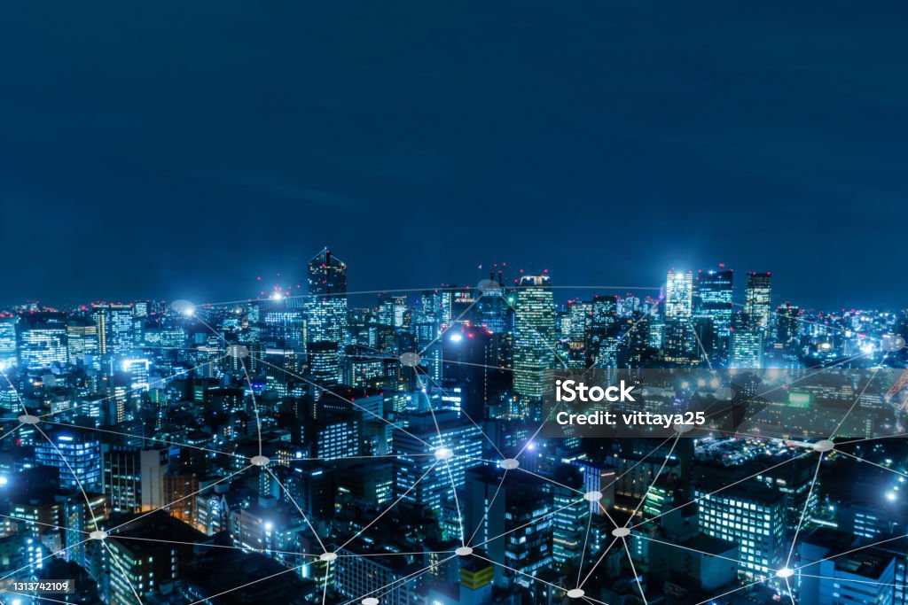 5G. media link connecting on night city background, digital, internet, communication, cyber tech, speed internet, networking, smart city, business, partnership, network connection, technology concept Connection Stock Photo