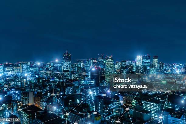 5g Media Link Connecting On Night City Background Digital Internet Communication Cyber Tech Speed Internet Networking Smart City Business Partnership Network Connection Technology Concept Stock Photo - Download Image Now