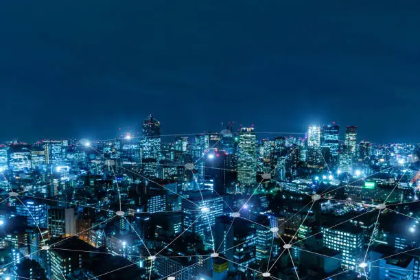 Photo of 5G. media link connecting on night city background, digital, internet, communication, cyber tech, speed internet, networking, smart city, business, partnership, network connection, technology concept