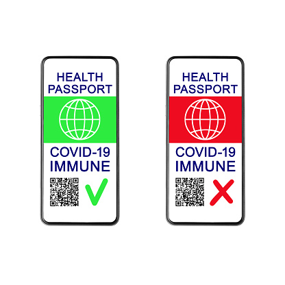 Digital Health passport COVID 19 immunity on smartphone white background isolated set, coronavirus vaccination certificate mobile phone app, vaccinated people, international tourism travel, green, red