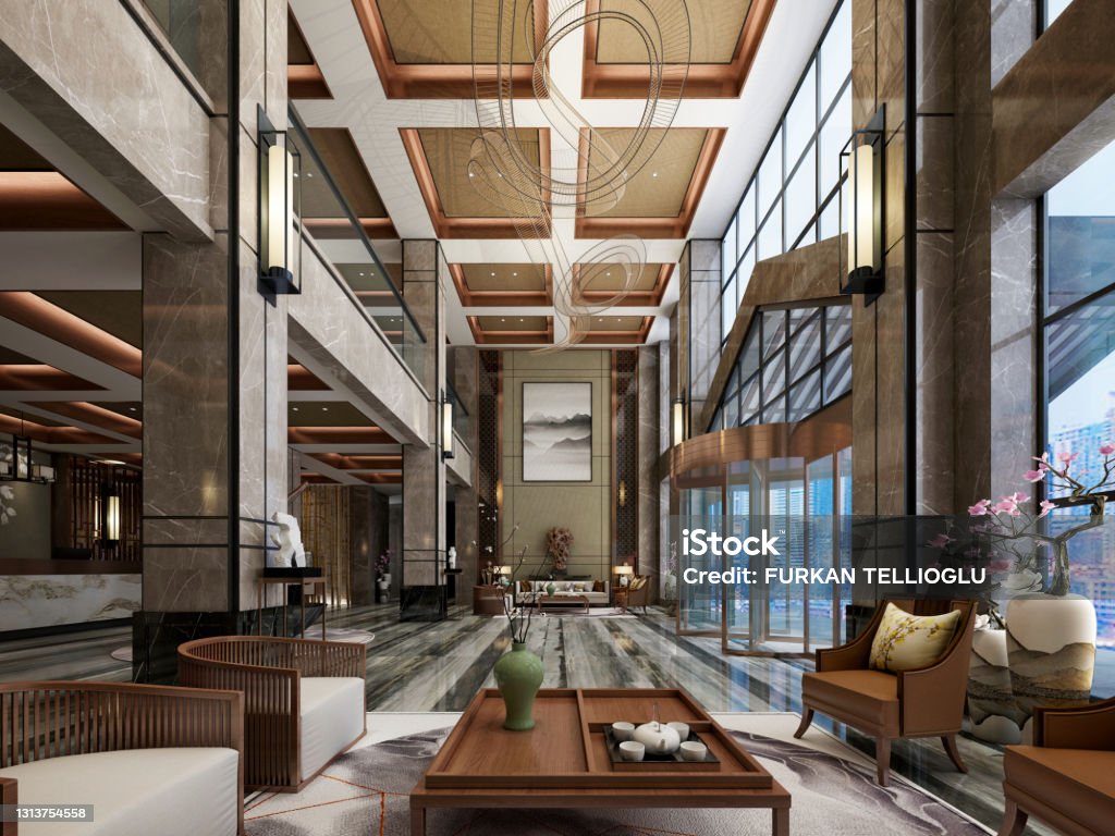 3d render of luxury hotel reception and lobby Hotel Stock Photo